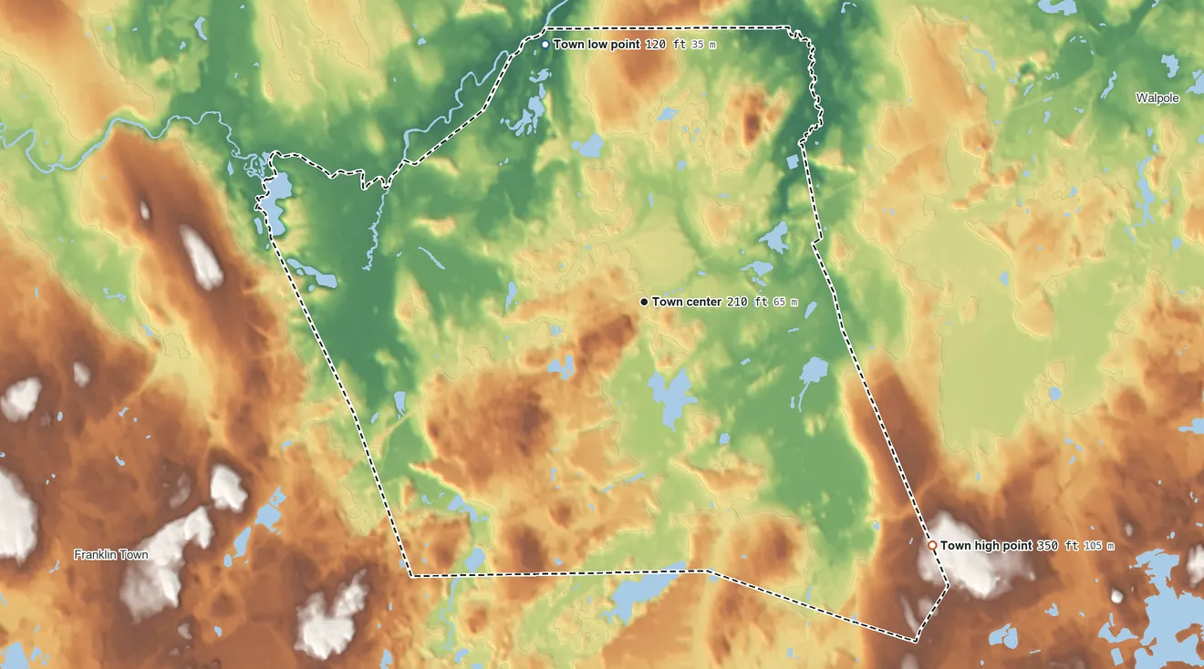 Topographic elevation map of Norfolk, Massachusetts, shaded from 120 ft on the north side to 350 ft on the southeast side