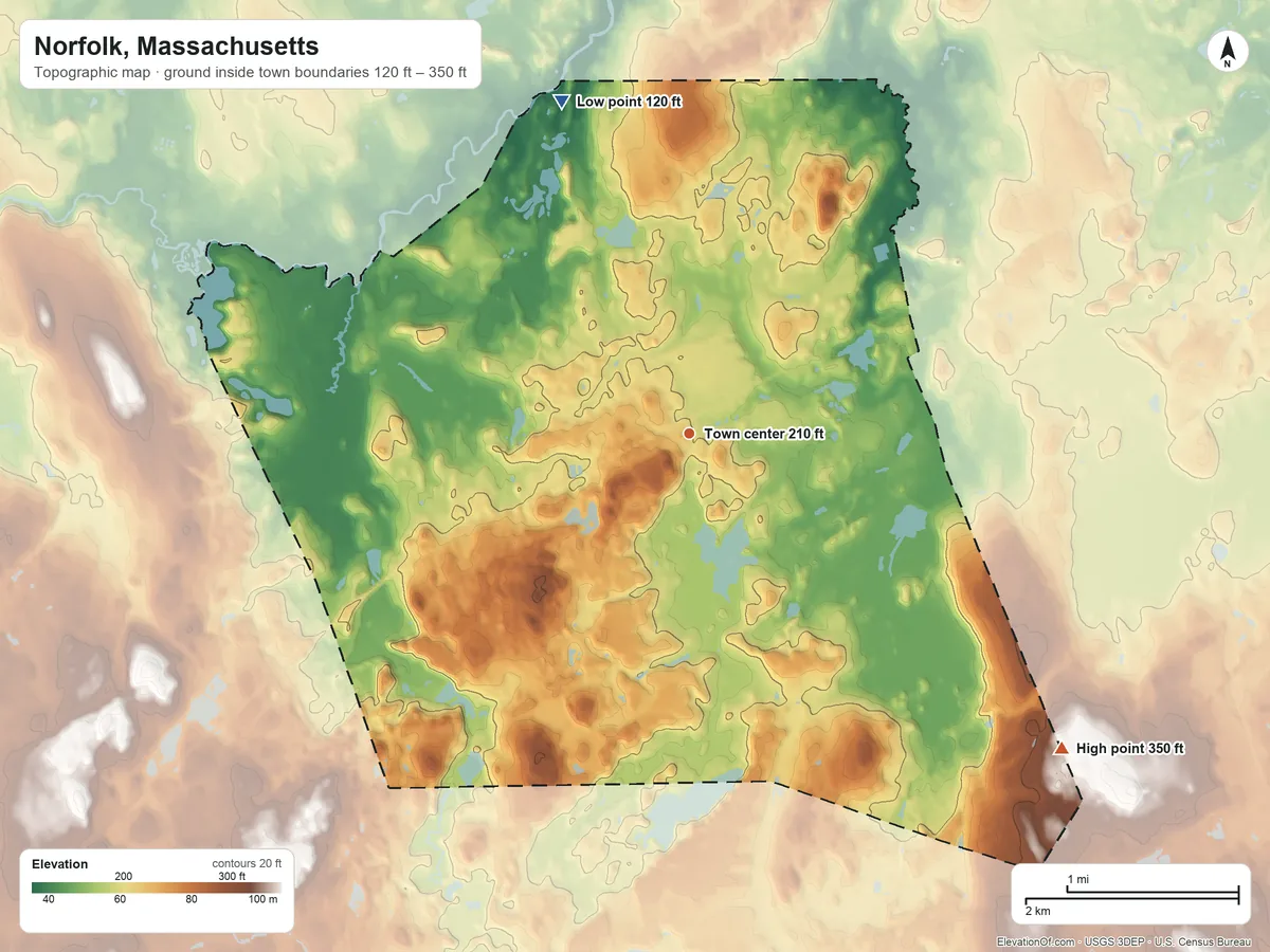 Topographic elevation map of Norfolk, Massachusetts, shaded from 120 ft on the north side to 350 ft on the southeast side