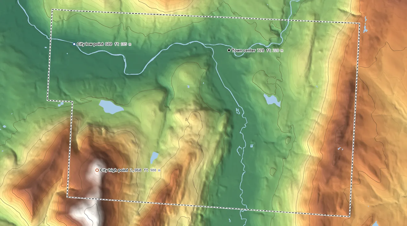 Topographic elevation map of North Adams, Massachusetts, shaded from 600 ft on the west side to 2,960 ft on Mount Williams