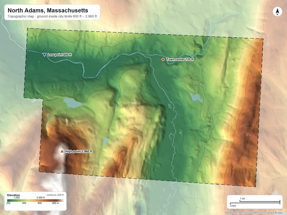 Topographic elevation map of North Adams, Massachusetts, shaded from 600 ft on the west side to 2,960 ft on Mount Williams