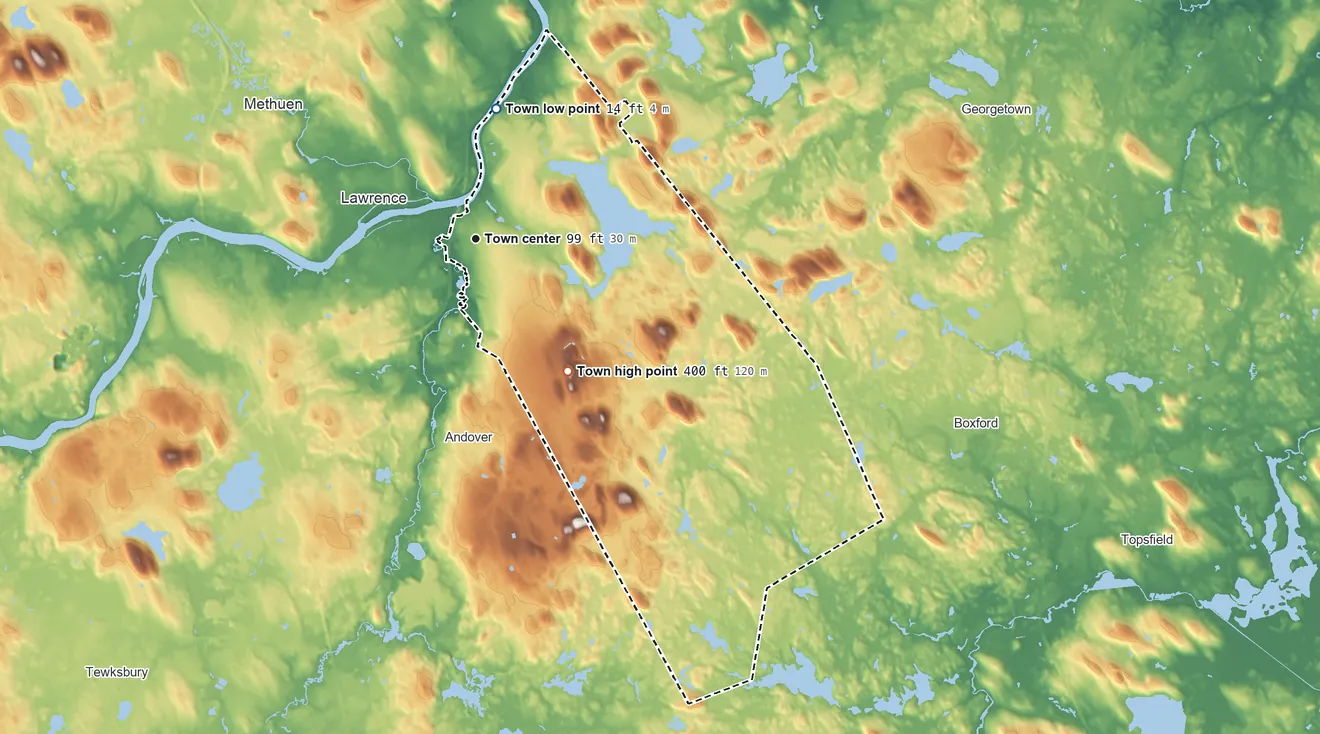 Topographic elevation map of North Andover, Massachusetts, shaded from 14 ft on the north side to 400 ft on Mills Hill
