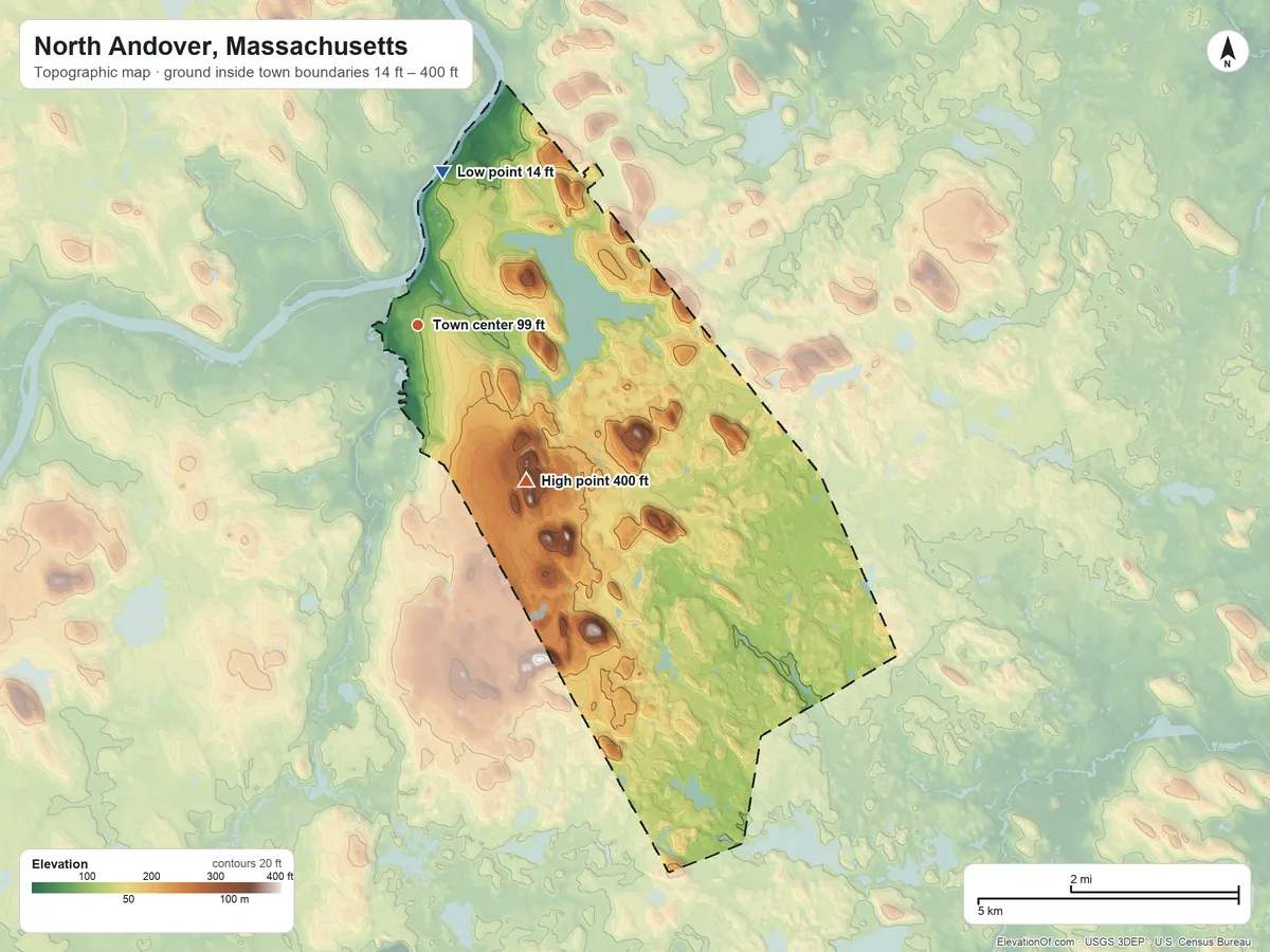 Topographic elevation map of North Andover, Massachusetts, shaded from 14 ft on the north side to 400 ft on Mills Hill
