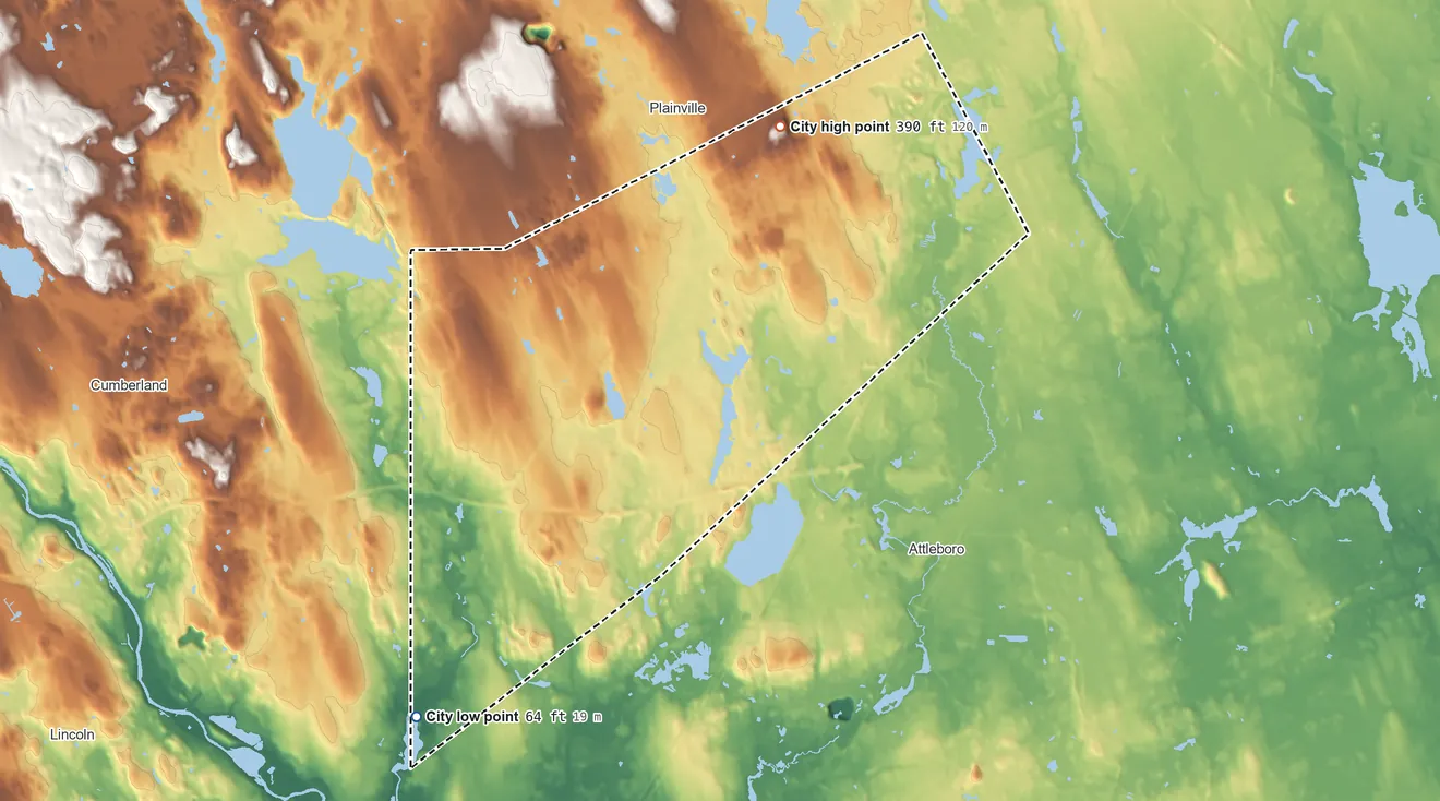 Topographic elevation map of North Attleborough Town, Massachusetts, shaded from 64 ft on the southwest side to 390 ft on the north side