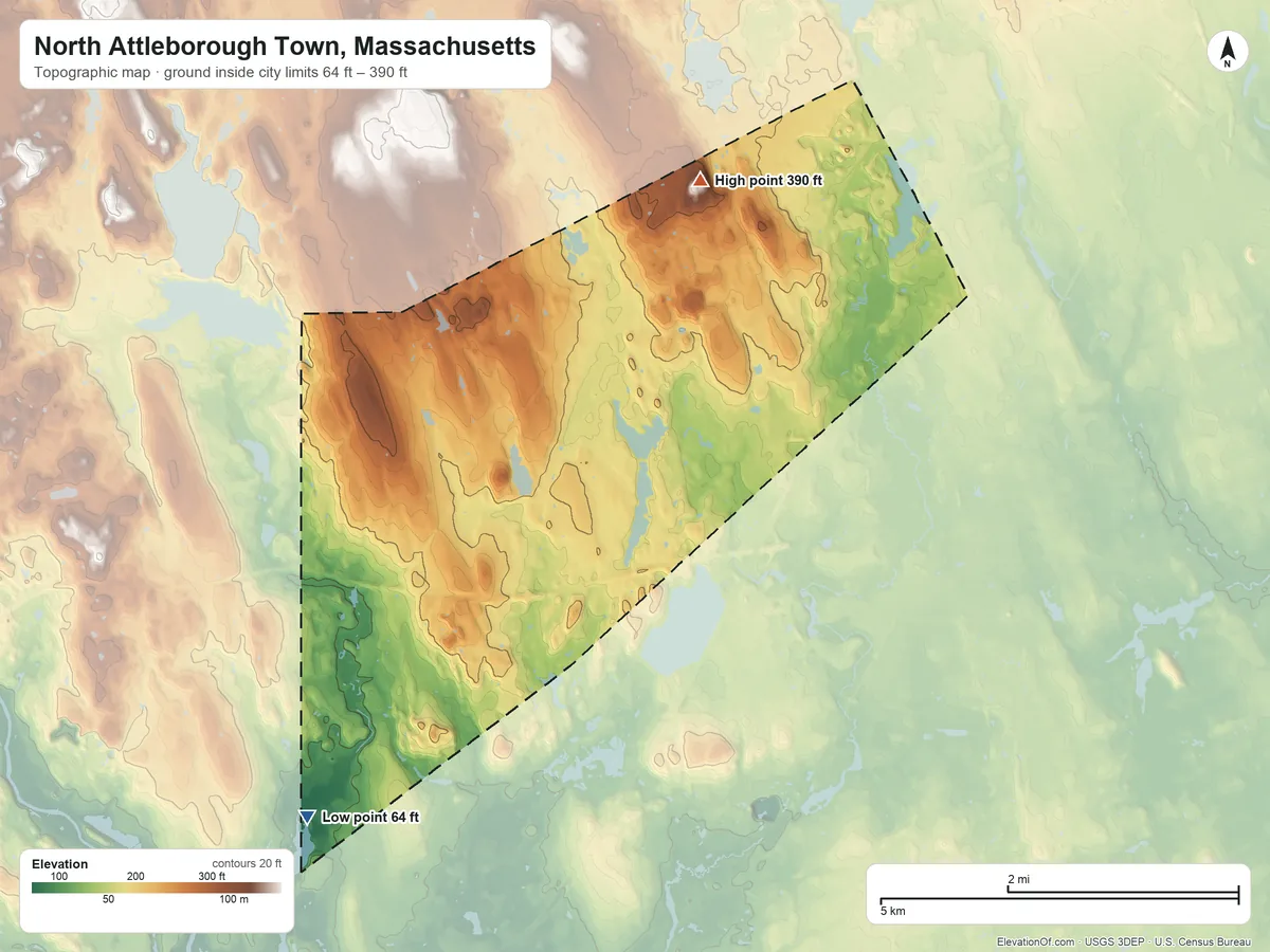 Topographic elevation map of North Attleborough Town, Massachusetts, shaded from 64 ft on the southwest side to 390 ft on the north side