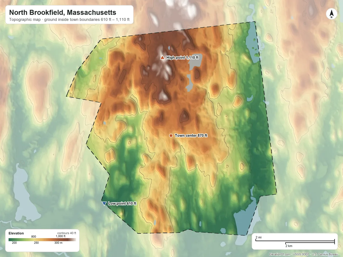 Topographic elevation map of North Brookfield, Massachusetts, shaded from 610 ft on the southwest side to 1,110 ft on the north side
