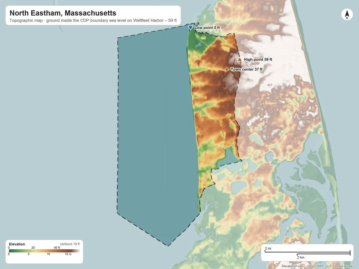 Topographic elevation map of North Eastham, Massachusetts, shaded from sea level level on Wellfleet Harbor to 59 ft near the middle