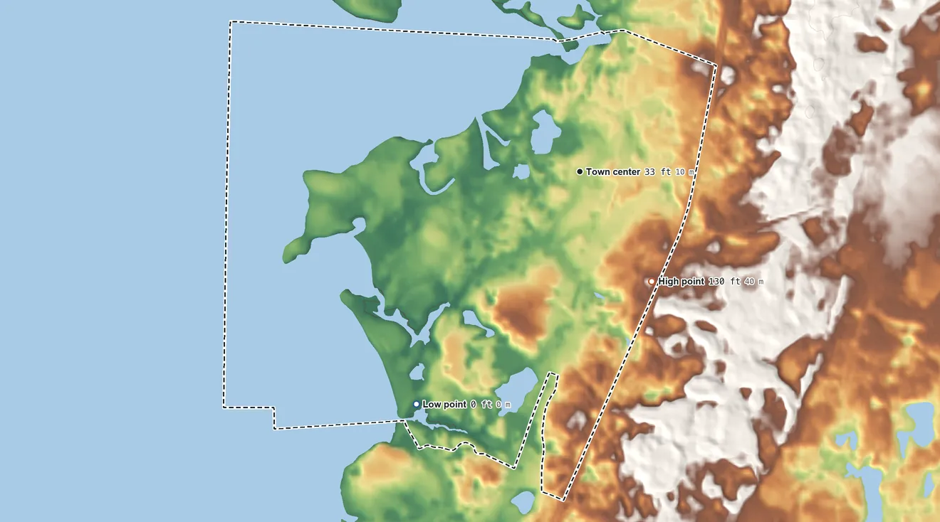 Topographic elevation map of North Falmouth, Massachusetts, shaded from sea level level on Buzzards Bay to 130 ft on the southeast side
