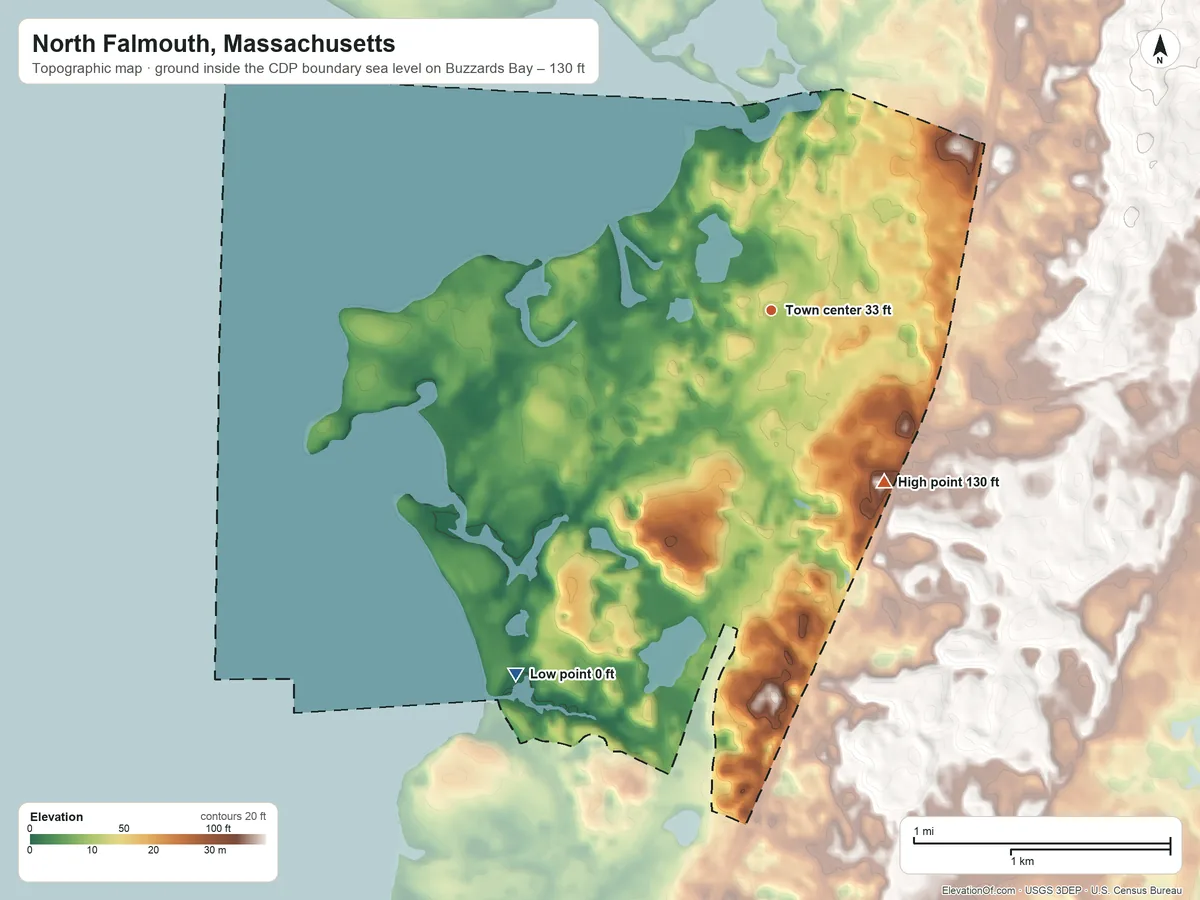 Topographic elevation map of North Falmouth, Massachusetts, shaded from sea level level on Buzzards Bay to 130 ft on the southeast side