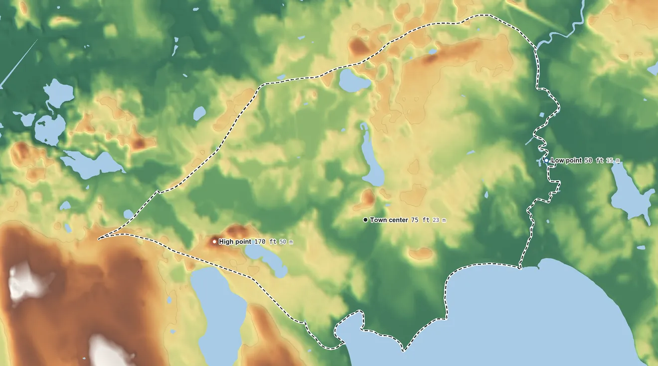 Topographic elevation map of North Lakeville, Massachusetts, shaded from 50 ft on the east side to 170 ft on the west side