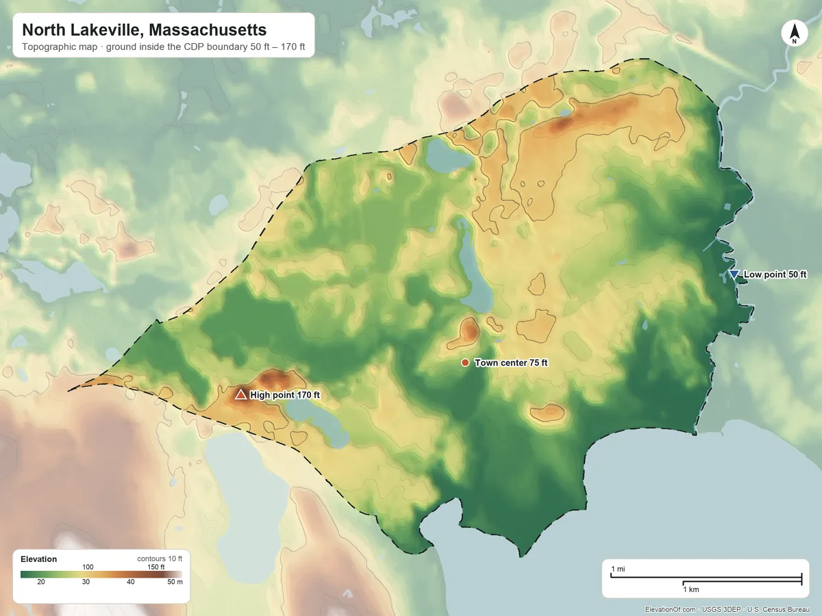 Topographic elevation map of North Lakeville, Massachusetts, shaded from 50 ft on the east side to 170 ft on the west side