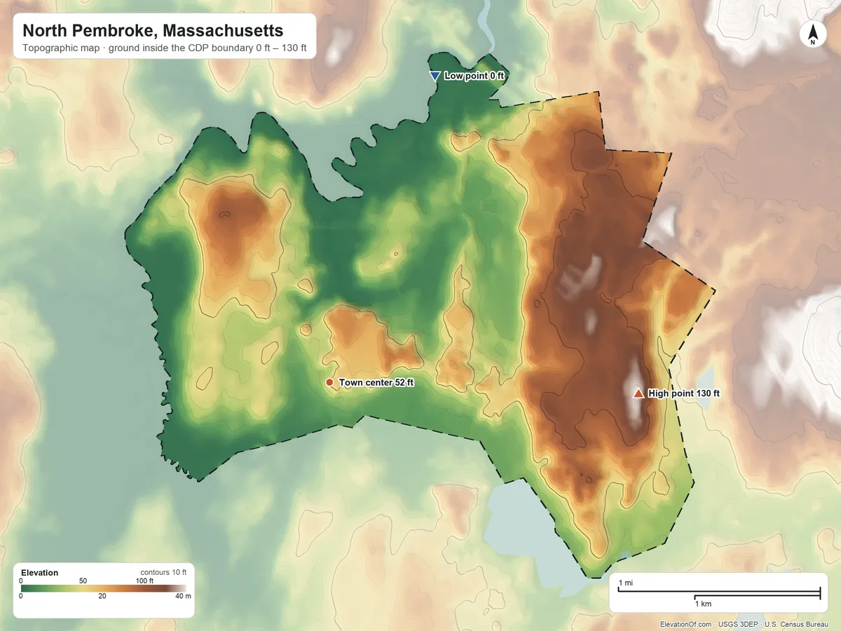 Topographic elevation map of North Pembroke, Massachusetts, shaded from 0 ft on the north side to 130 ft on Long Hill