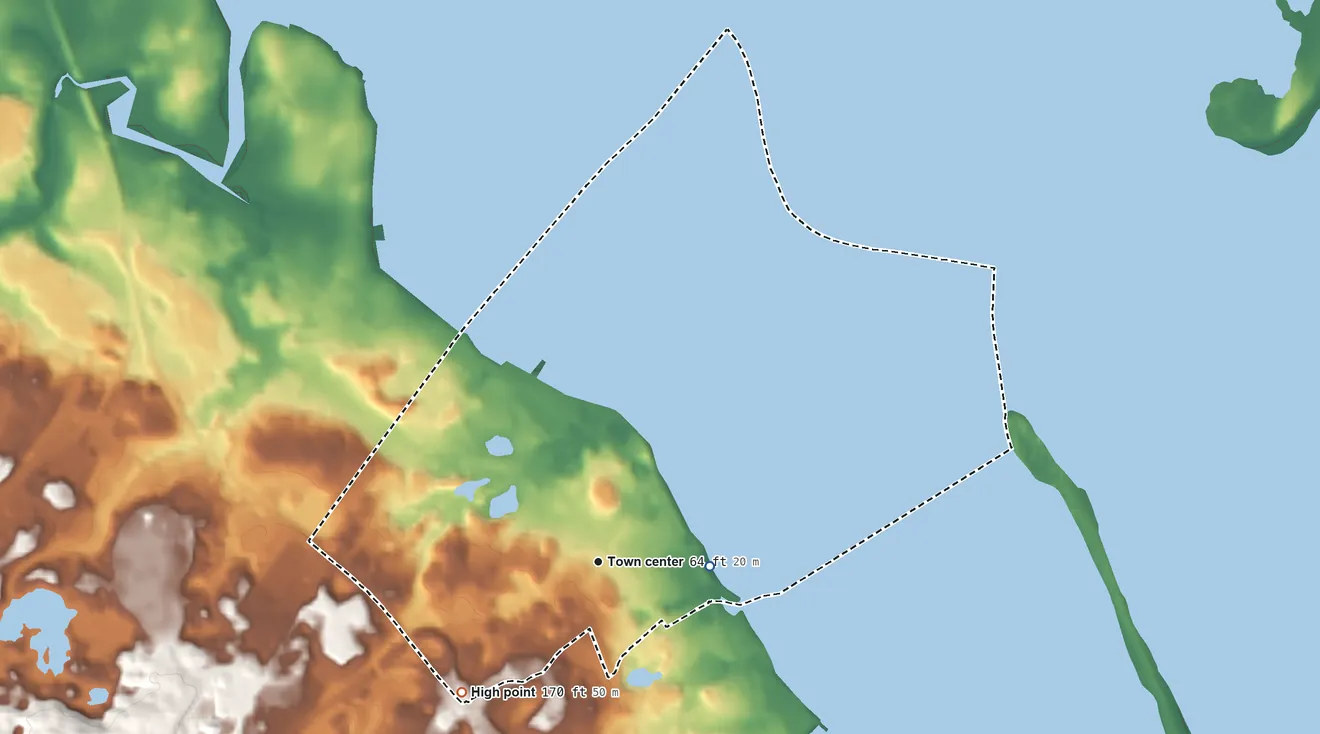 Topographic elevation map of North Plymouth, Massachusetts, shaded from sea level level on Plymouth Harbor to 170 ft on the southwest side
