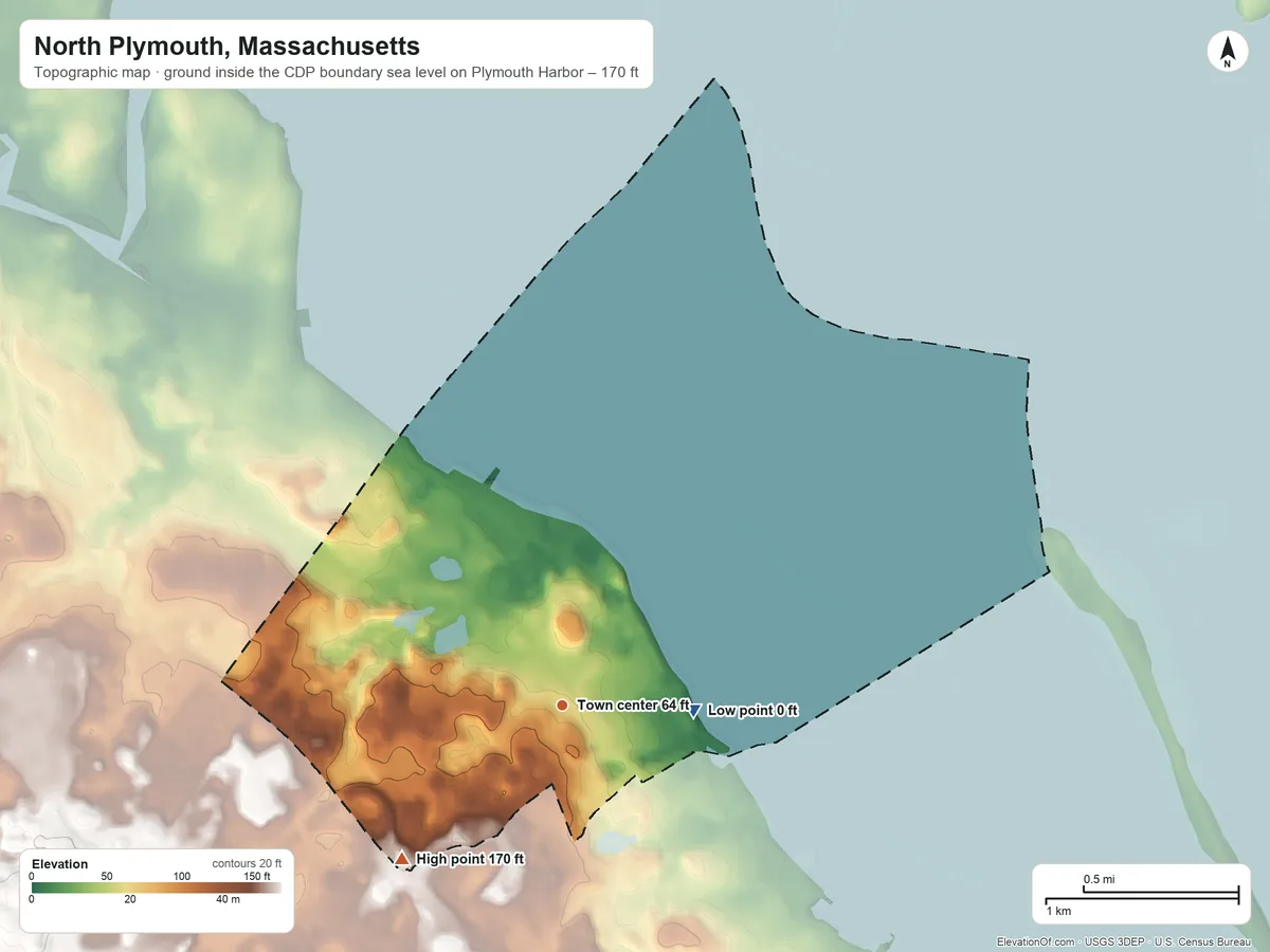 Topographic elevation map of North Plymouth, Massachusetts, shaded from sea level level on Plymouth Harbor to 170 ft on the southwest side