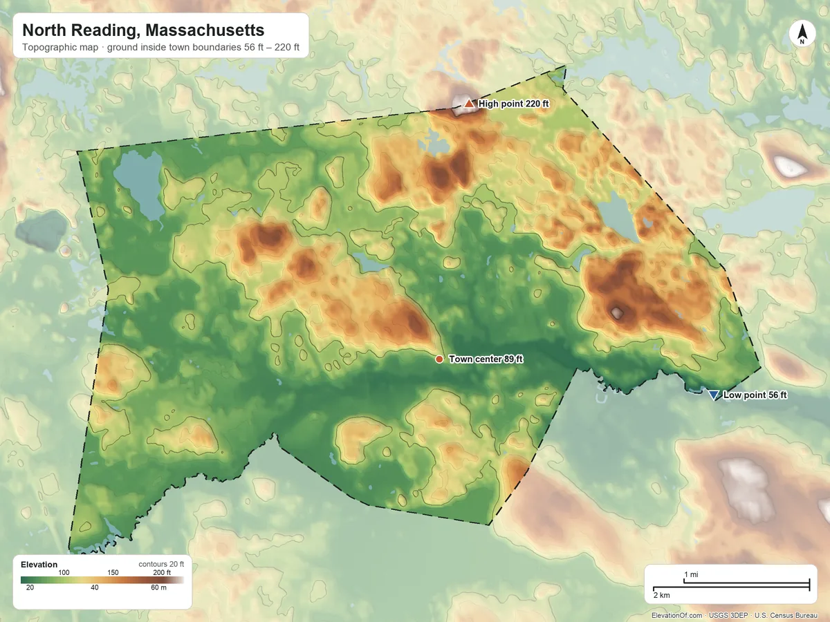 Topographic elevation map of North Reading, Massachusetts, shaded from 56 ft on the east side to 220 ft on the north side