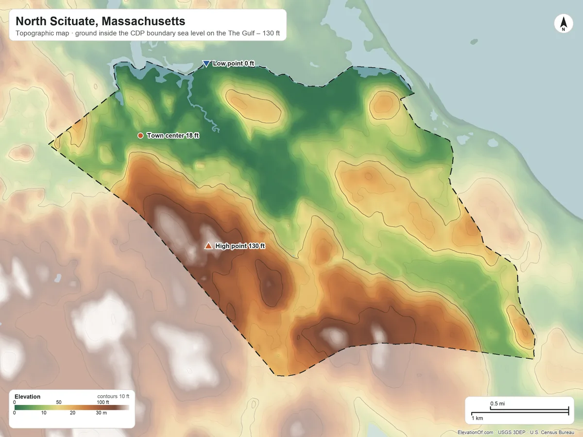 Topographic elevation map of North Scituate, Massachusetts, shaded from sea level level on The Gulf to 130 ft on the southeast side