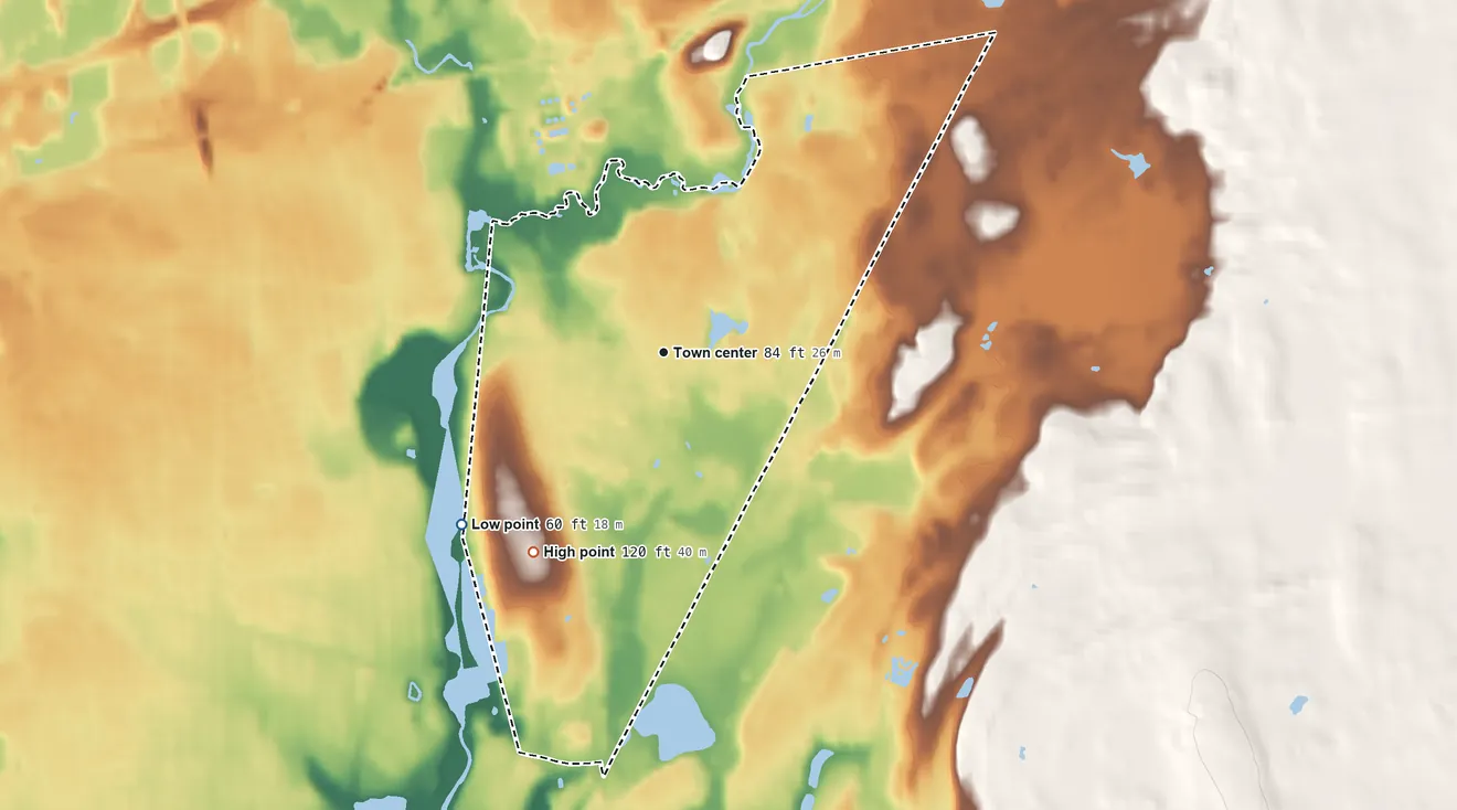 Topographic elevation map of North Seekonk, Massachusetts, shaded from 60 ft on the southwest side to 120 ft on the southwest side