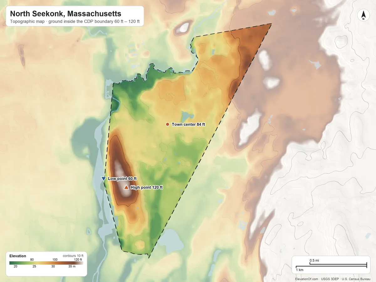 Topographic elevation map of North Seekonk, Massachusetts, shaded from 60 ft on the southwest side to 120 ft on the southwest side