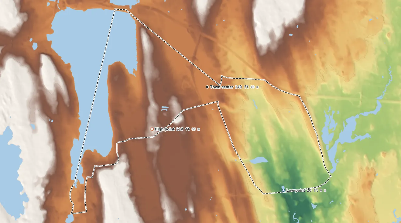 Topographic elevation map of North Westport, Massachusetts, shaded from 20 ft on the southeast side to 210 ft on the southwest side