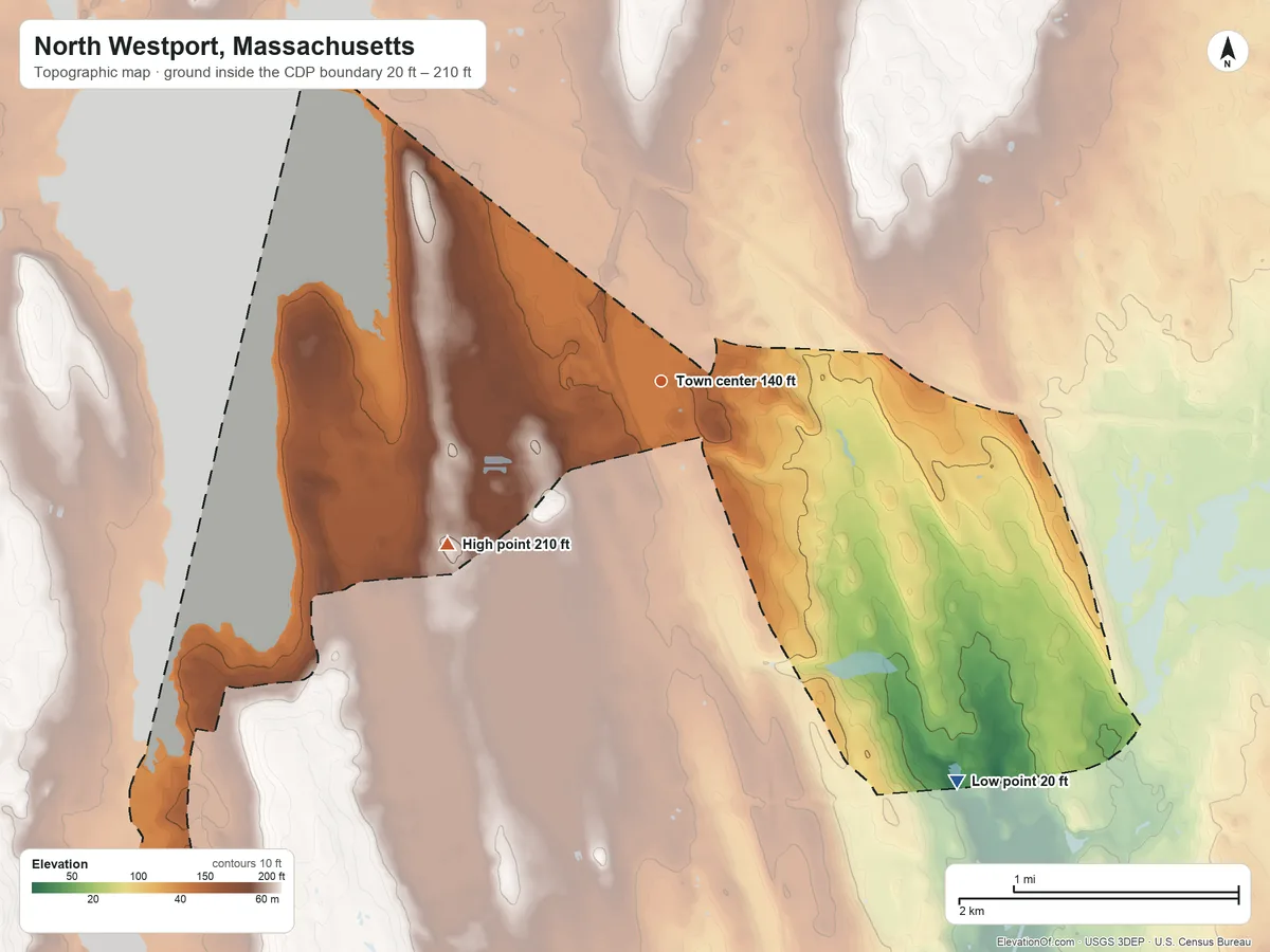 Topographic elevation map of North Westport, Massachusetts, shaded from 20 ft on the southeast side to 210 ft on the southwest side
