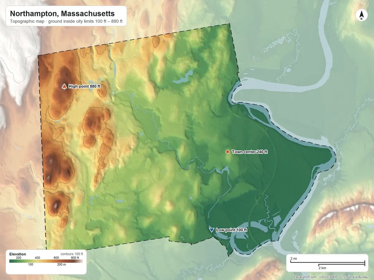 Topographic elevation map of Northampton, Massachusetts, shaded from 100 ft on the south side to 880 ft at the foot of the Bryant Hill