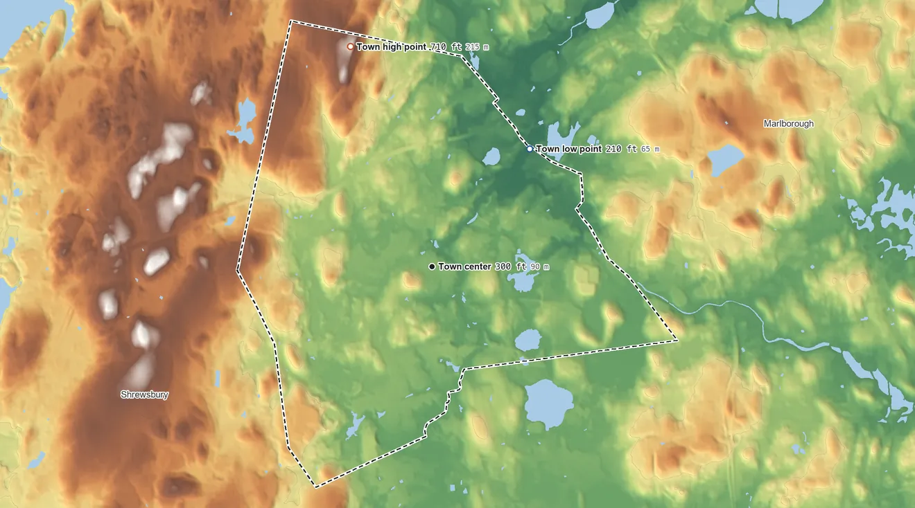 Topographic elevation map of Northborough, Massachusetts, shaded from 210 ft on the northeast side to 710 ft on Mount Pisgah
