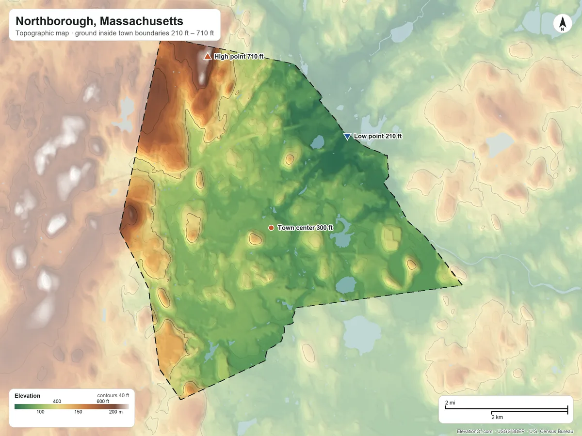 Topographic elevation map of Northborough, Massachusetts, shaded from 210 ft on the northeast side to 710 ft on Mount Pisgah