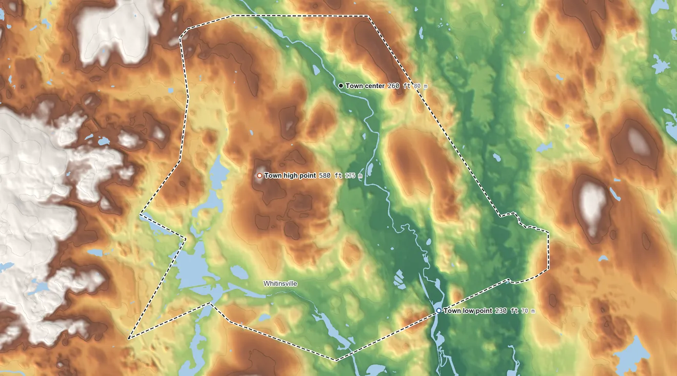 Topographic elevation map of Northbridge, Massachusetts, shaded from 230 ft on the southeast side to 580 ft on the southwest side