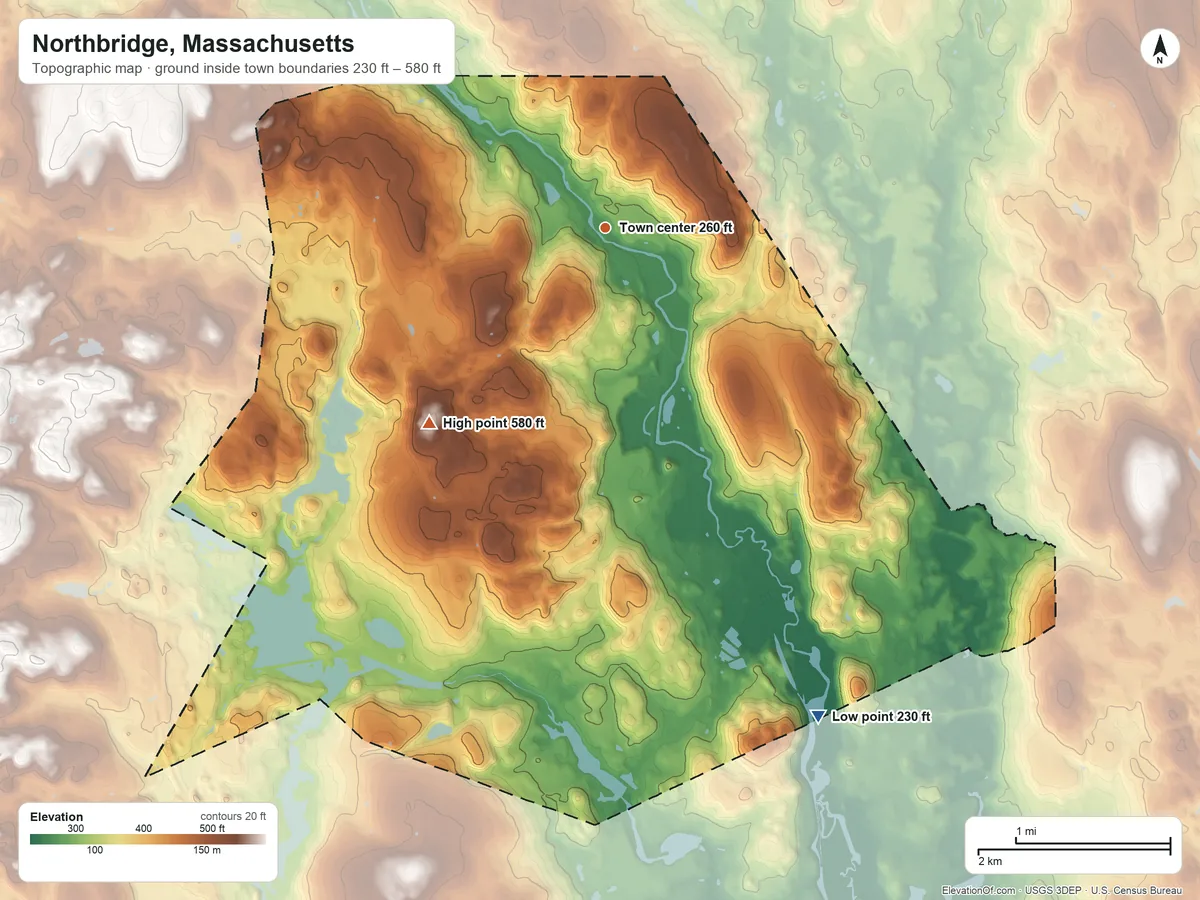 Topographic elevation map of Northbridge, Massachusetts, shaded from 230 ft on the southeast side to 580 ft on the southwest side