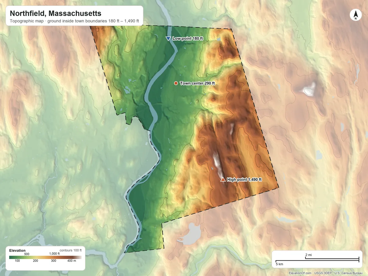 Topographic elevation map of Northfield, Massachusetts, shaded from 180 ft on the north side to 1,490 ft on Crag Mountain