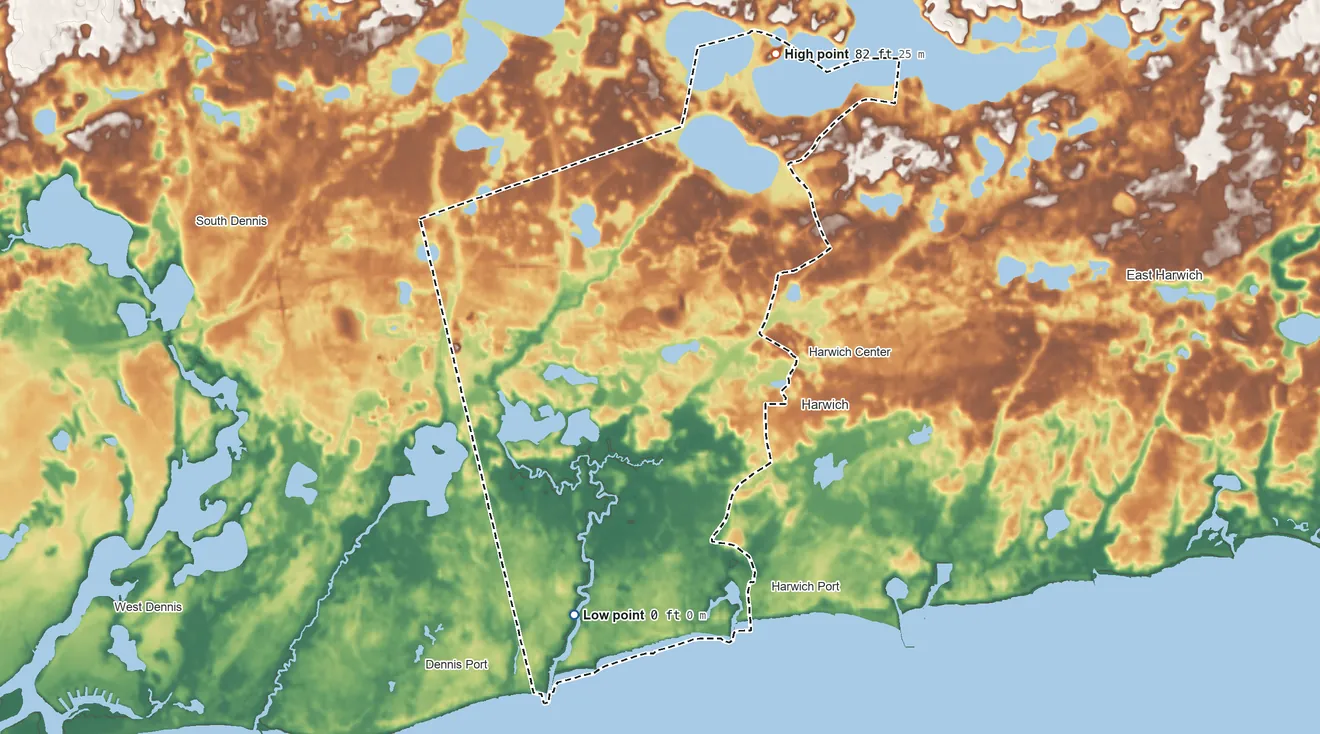 Topographic elevation map of Northwest Harwich, Massachusetts, shaded from sea level level on Nantucket Sound to 82 ft on the northeast side
