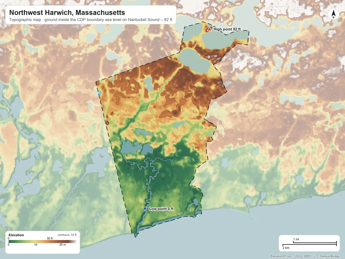 Topographic elevation map of Northwest Harwich, Massachusetts, shaded from sea level level on Nantucket Sound to 82 ft on the northeast side