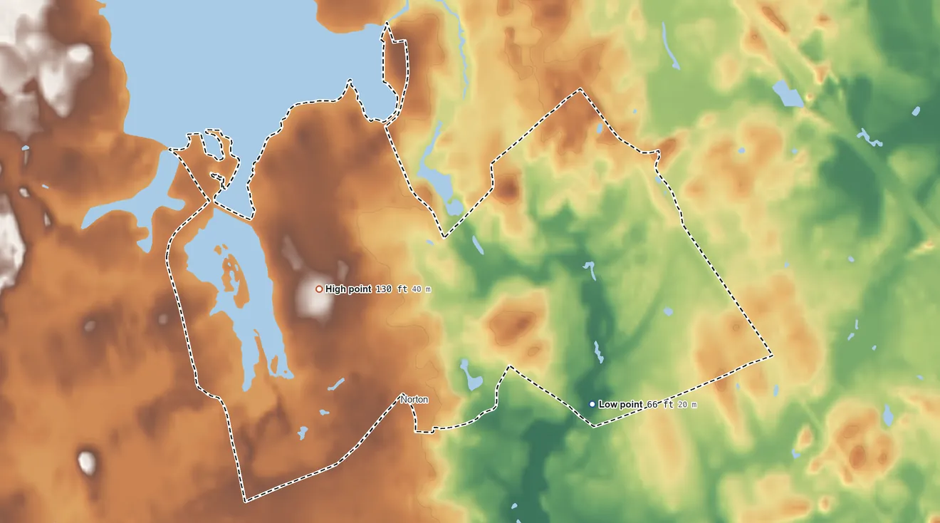Topographic elevation map of Norton Center, Massachusetts, shaded from 66 ft on the east side to 130 ft on the northwest side