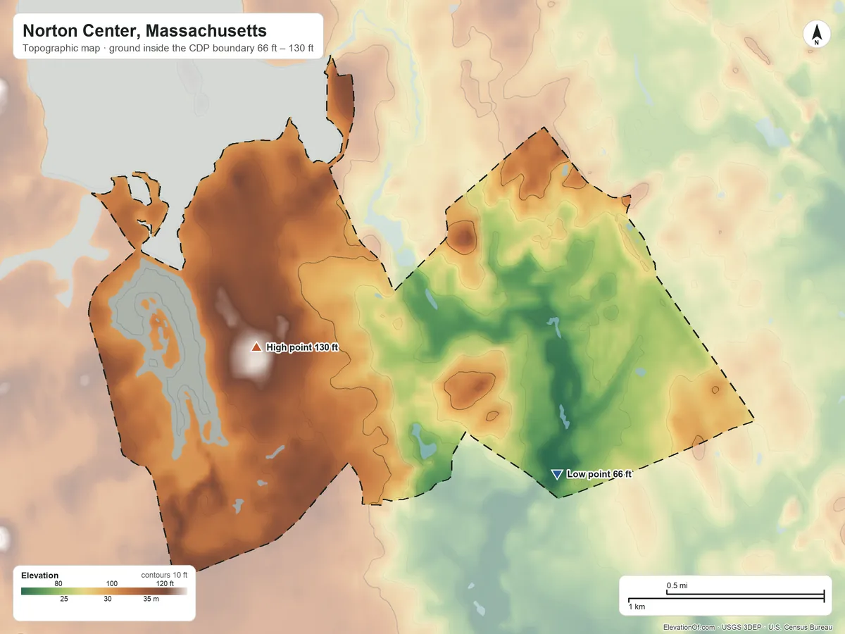 Topographic elevation map of Norton Center, Massachusetts, shaded from 66 ft on the east side to 130 ft on the northwest side