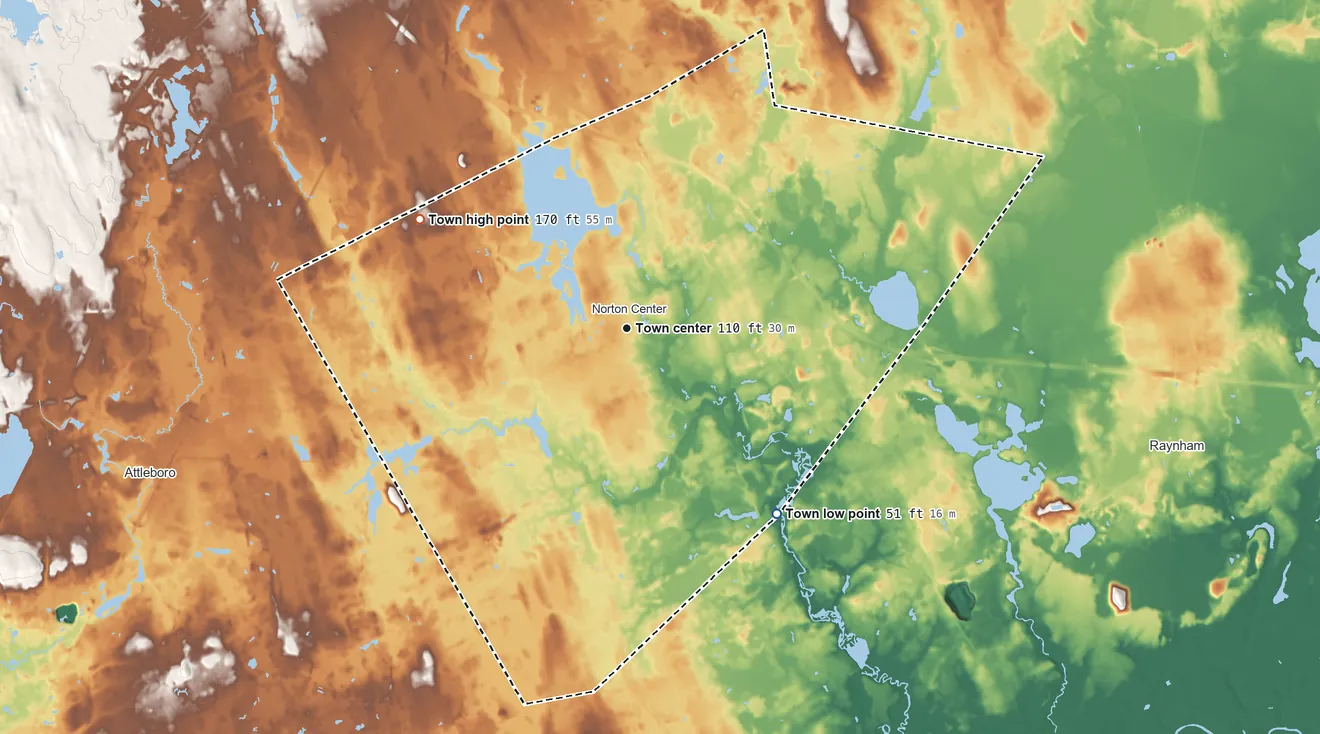 Topographic elevation map of Norton, Massachusetts, shaded from 51 ft on the southeast side to 170 ft on the northwest side