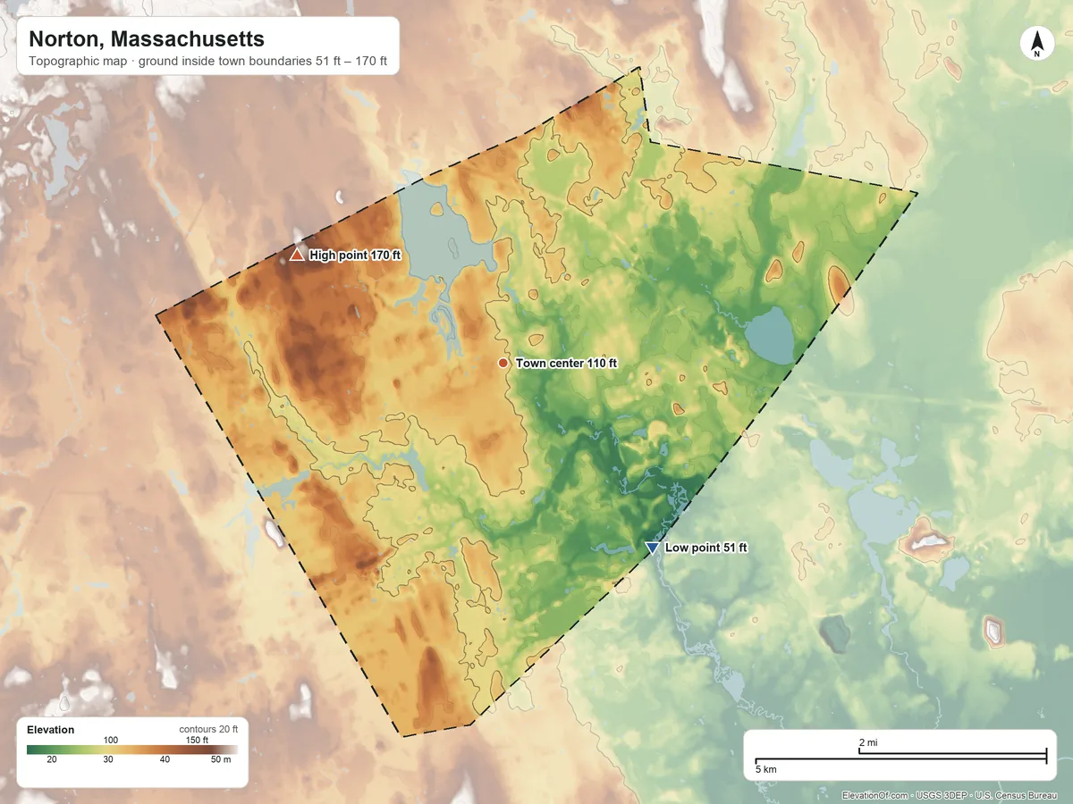 Topographic elevation map of Norton, Massachusetts, shaded from 51 ft on the southeast side to 170 ft on the northwest side