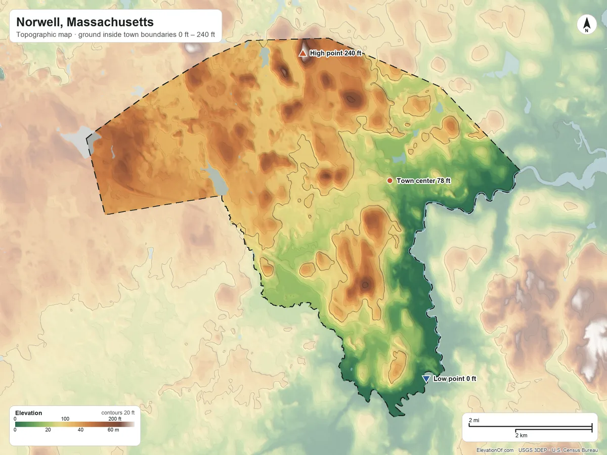 Topographic elevation map of Norwell, Massachusetts, shaded from 0 ft on the south side to 240 ft on Judges Hill