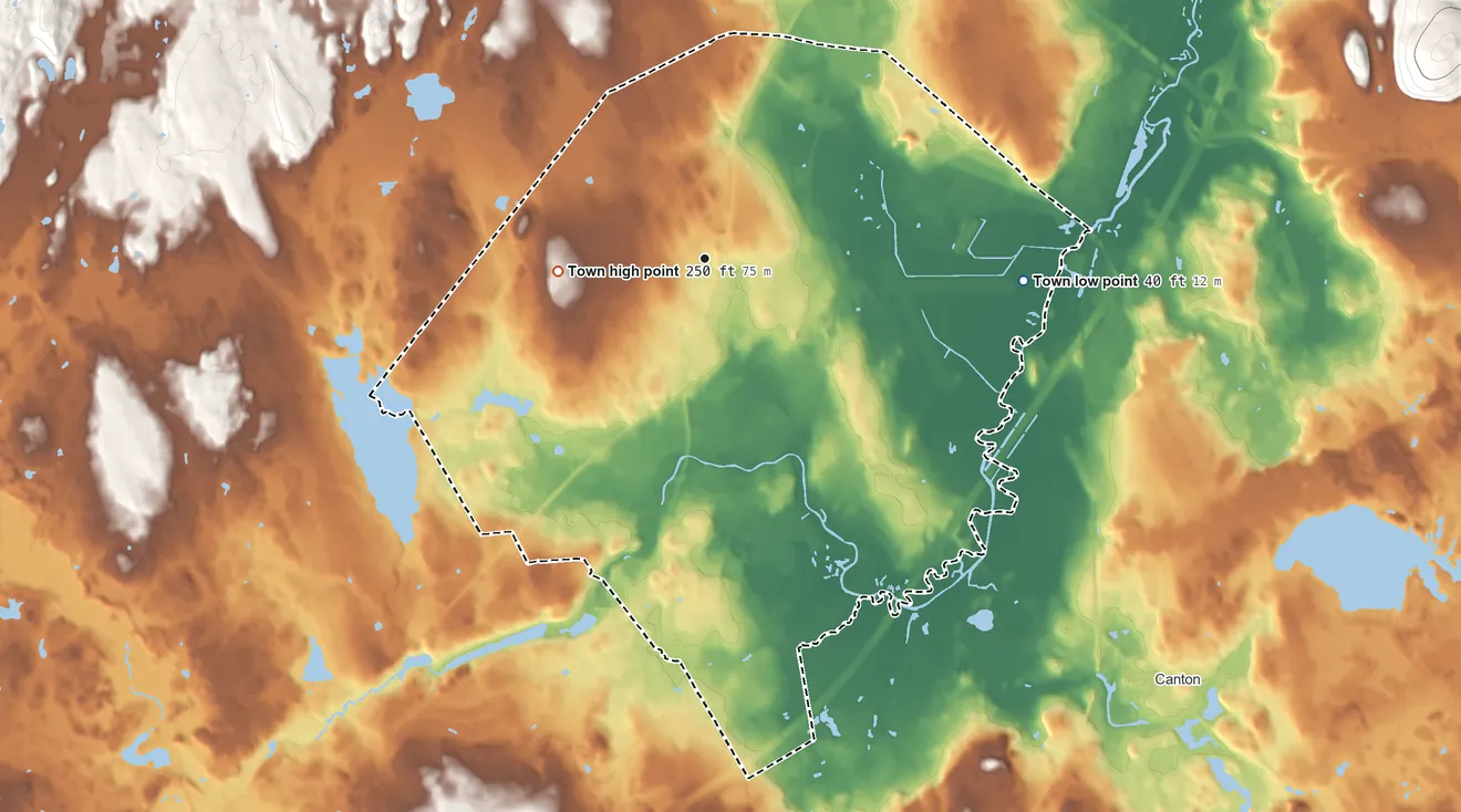 Topographic elevation map of Norwood, Massachusetts, shaded from 40 ft on the east side to 250 ft on the west side