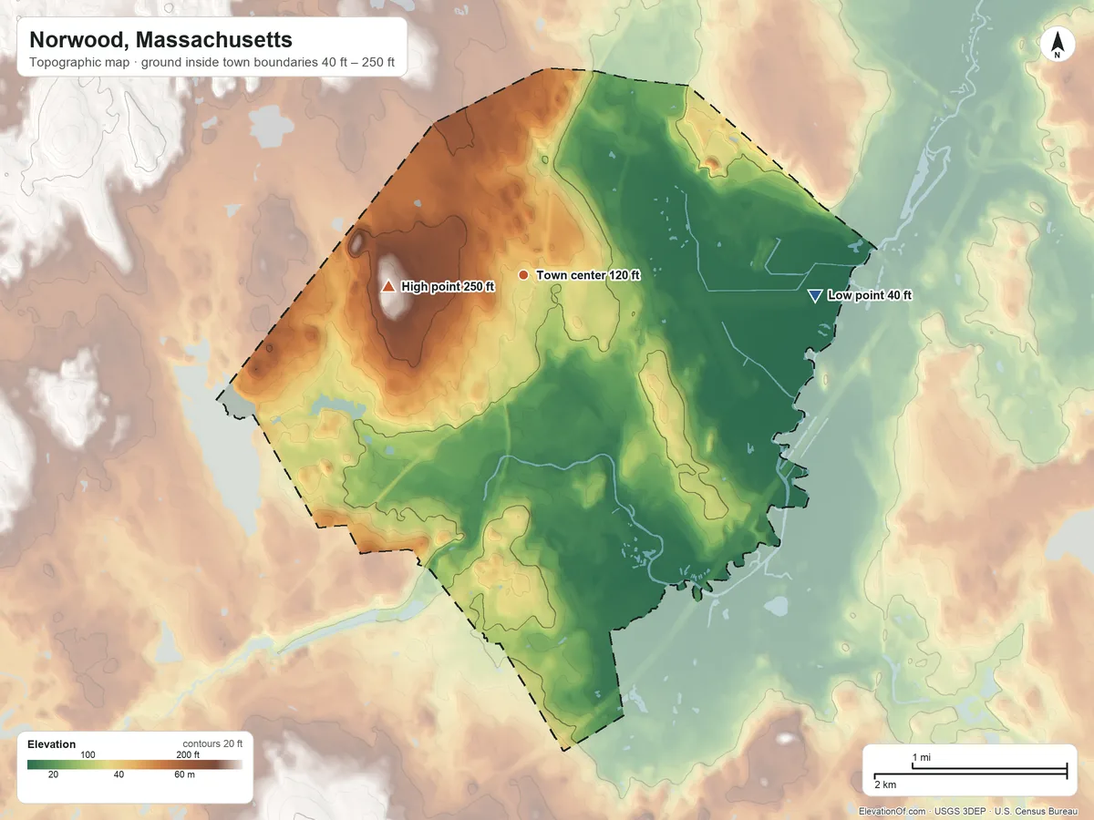 Topographic elevation map of Norwood, Massachusetts, shaded from 40 ft on the east side to 250 ft on the west side