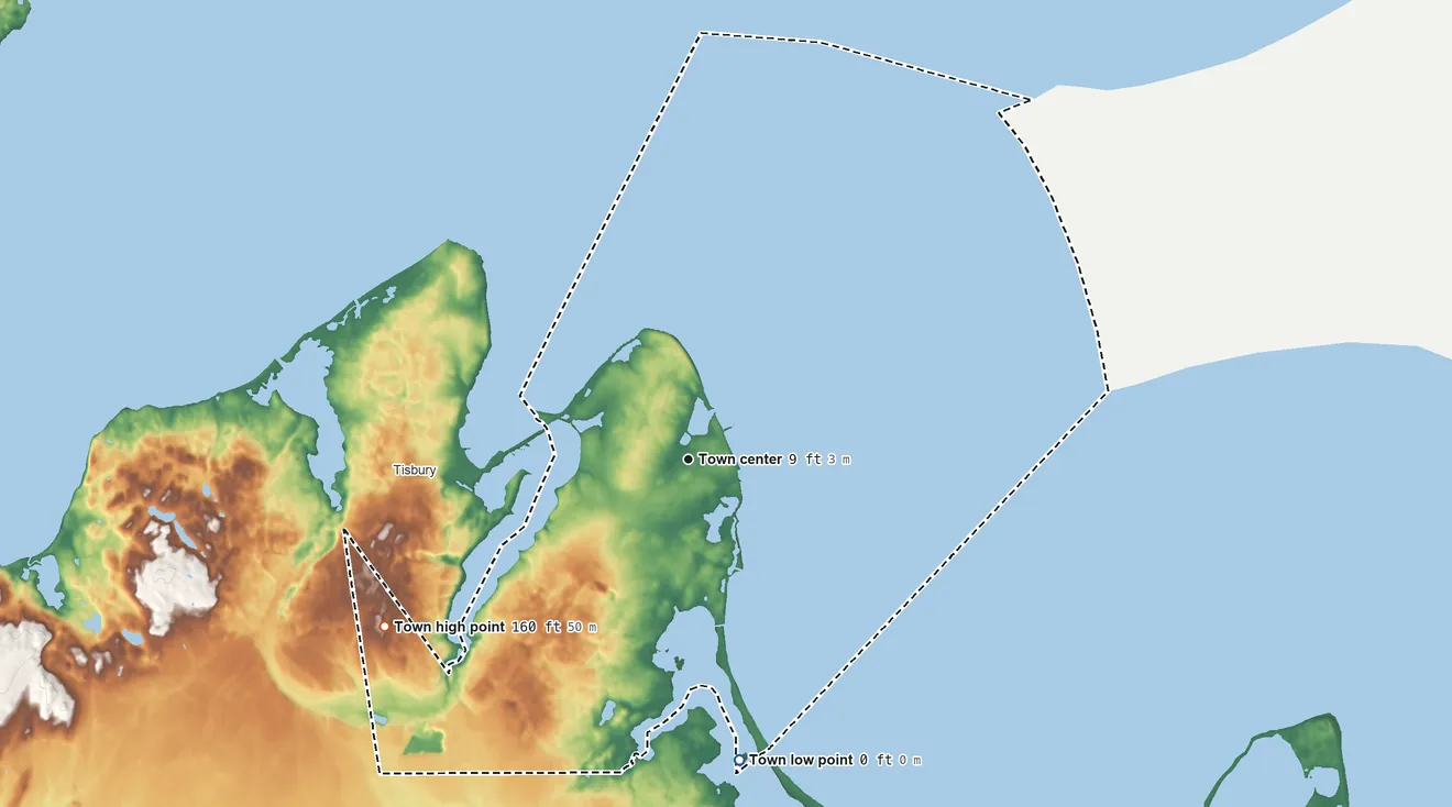 Topographic elevation map of Oak Bluffs, Massachusetts, shaded from sea level level on the Segekontacket Pond to 160 ft on the southwest side