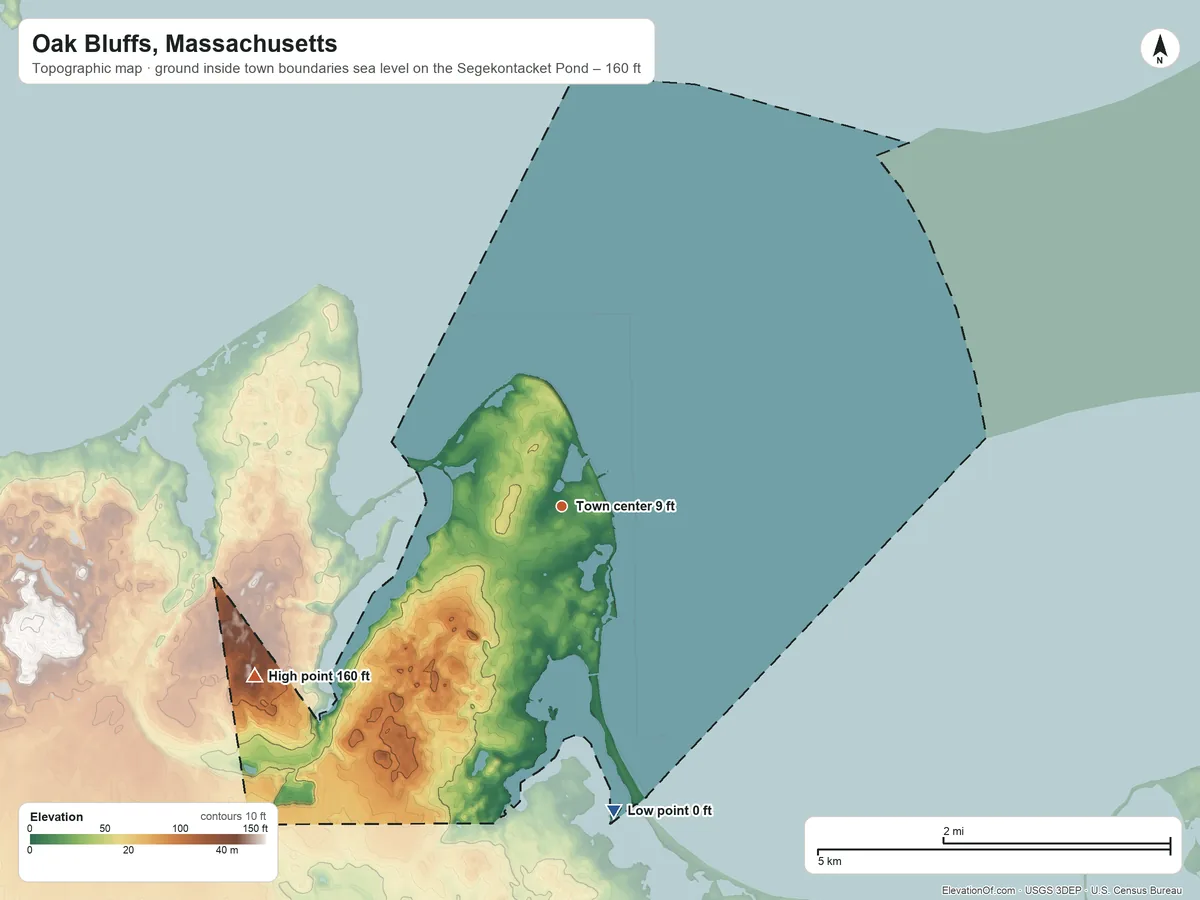 Topographic elevation map of Oak Bluffs, Massachusetts, shaded from sea level level on the Segekontacket Pond to 160 ft on the southwest side