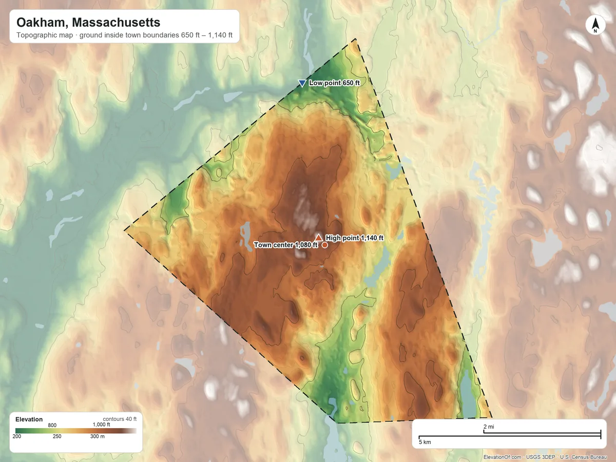 Topographic elevation map of Oakham, Massachusetts, shaded from 650 ft on the north side to 1,140 ft near the middle