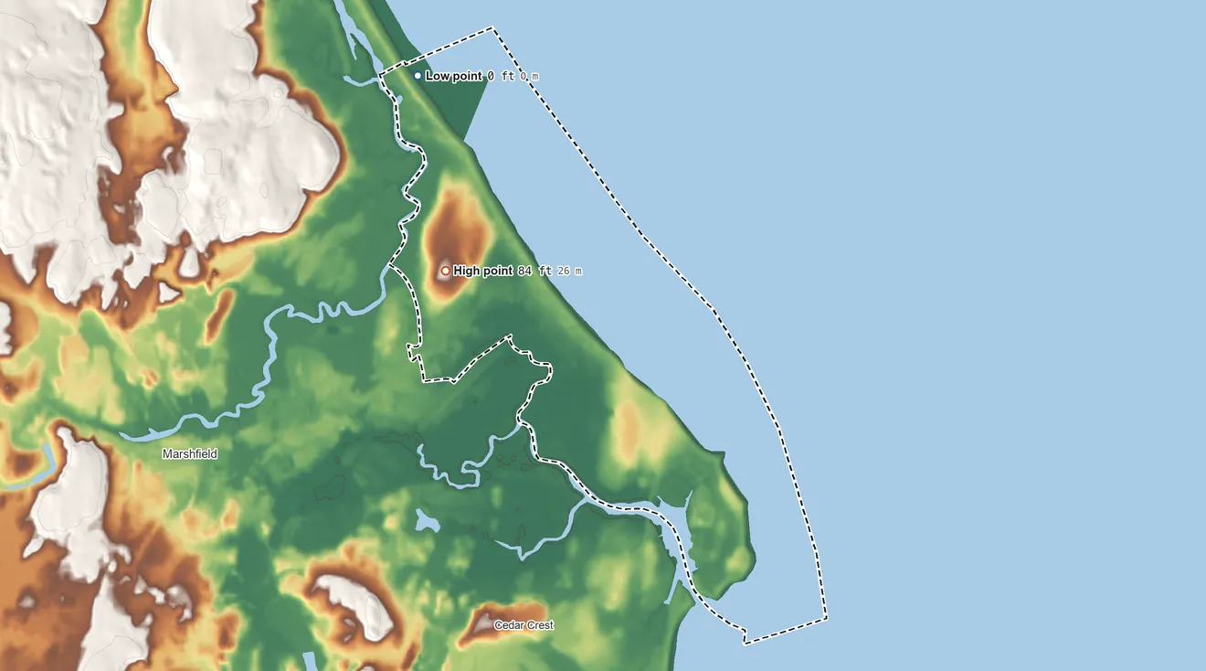 Topographic elevation map of Ocean Bluff-Brant Rock, Massachusetts, shaded from sea level level on Massachusetts Bay to 84 ft on the northwest side