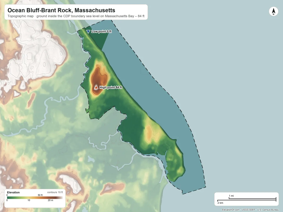 Topographic elevation map of Ocean Bluff-Brant Rock, Massachusetts, shaded from sea level level on Massachusetts Bay to 84 ft on the northwest side