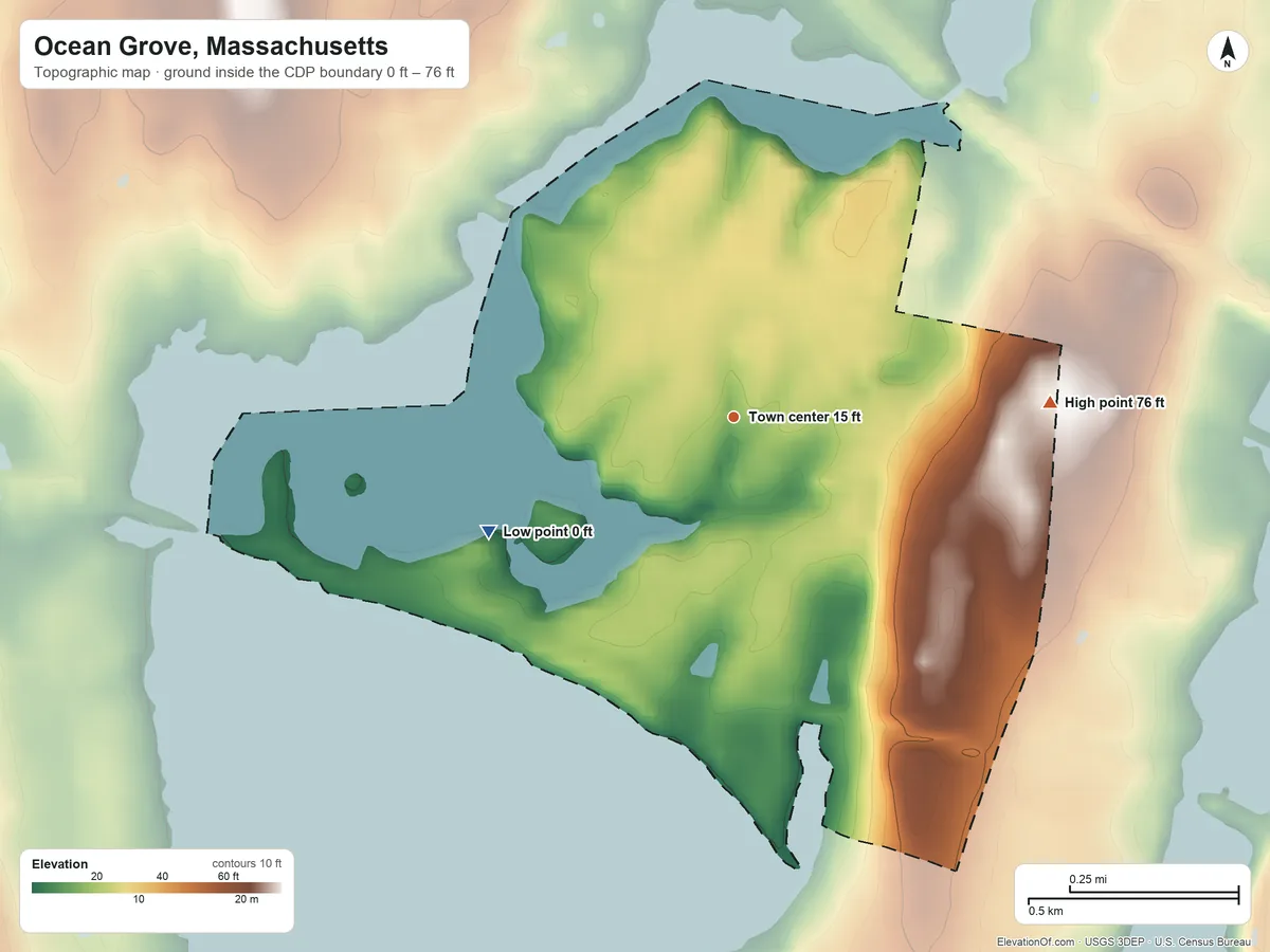Topographic elevation map of Ocean Grove, Massachusetts, shaded from 0 ft on the southwest side to 76 ft on the east side