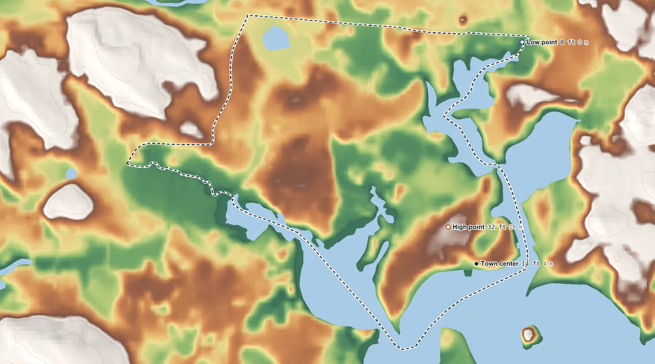 Topographic elevation map of Onset, Massachusetts, shaded from sea level level on Broad Cove to 32 ft near the middle