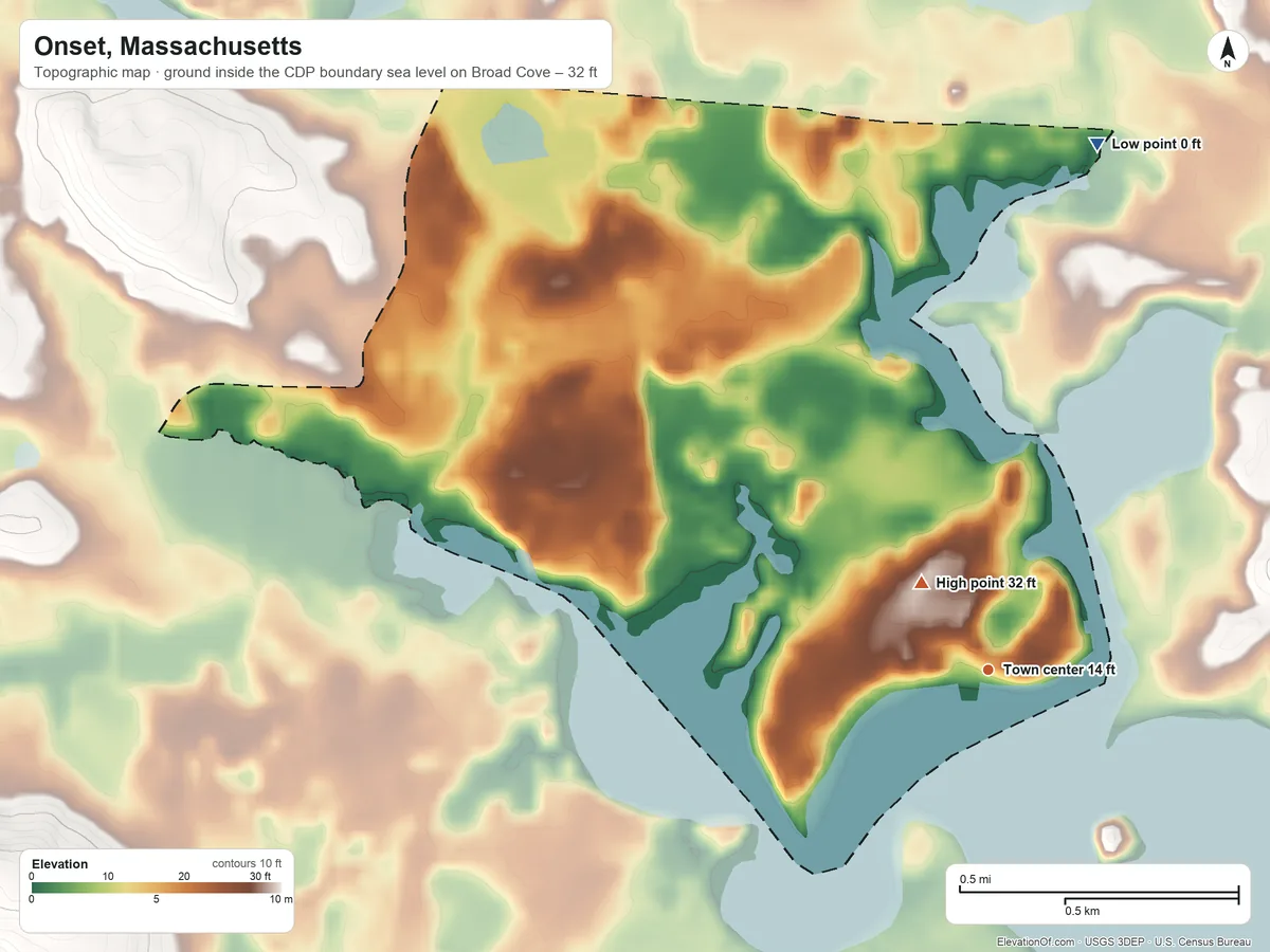 Topographic elevation map of Onset, Massachusetts, shaded from sea level level on Broad Cove to 32 ft near the middle