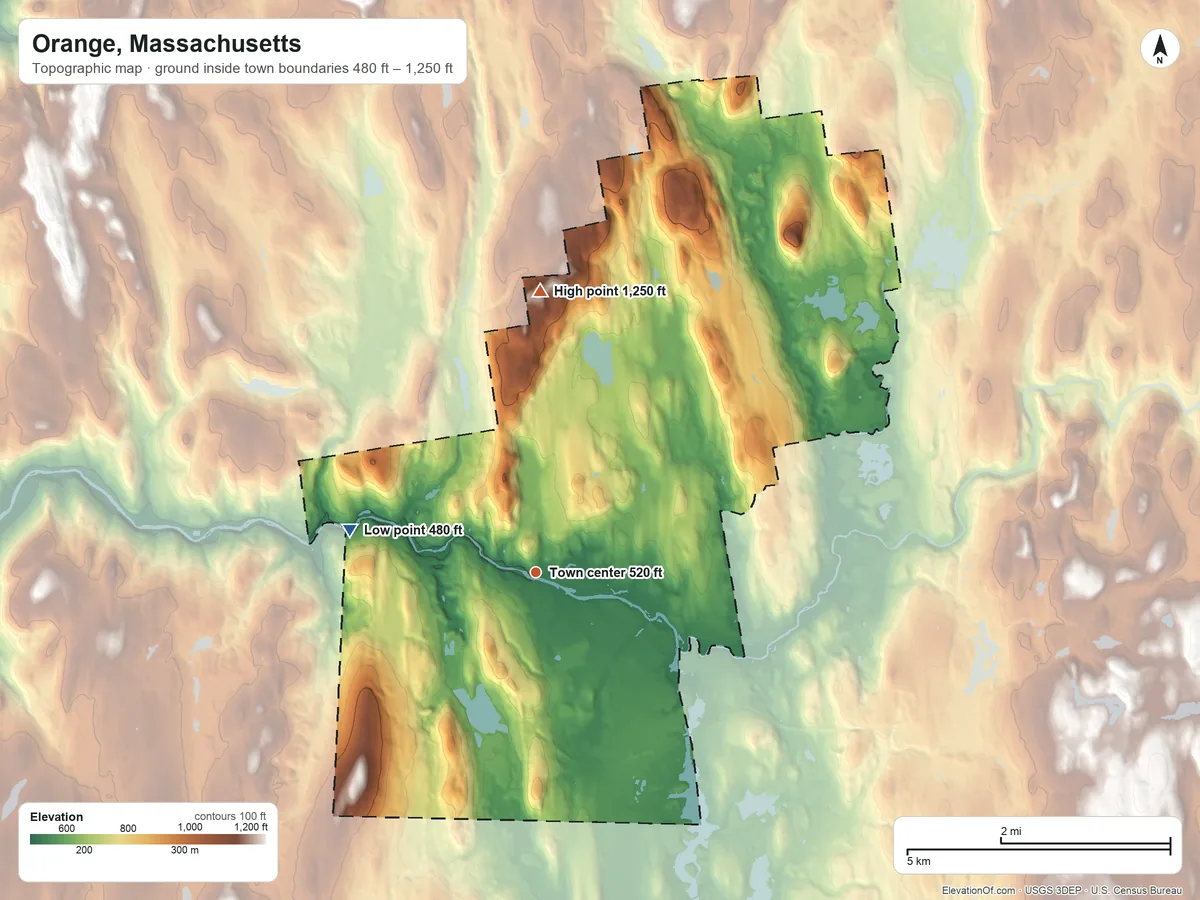 Topographic elevation map of Orange, Massachusetts, shaded from 480 ft on the west side to 1,250 ft on Pitt Hill