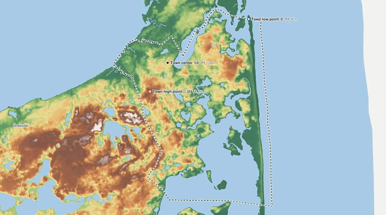 Topographic elevation map of Orleans, Massachusetts, shaded from sea level level on Nauset Harbor to 130 ft on the southwest side