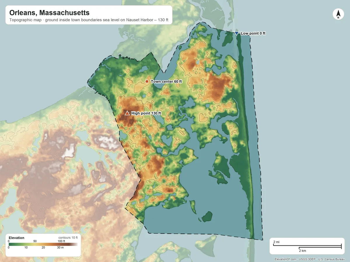 Topographic elevation map of Orleans, Massachusetts, shaded from sea level level on Nauset Harbor to 130 ft on the southwest side