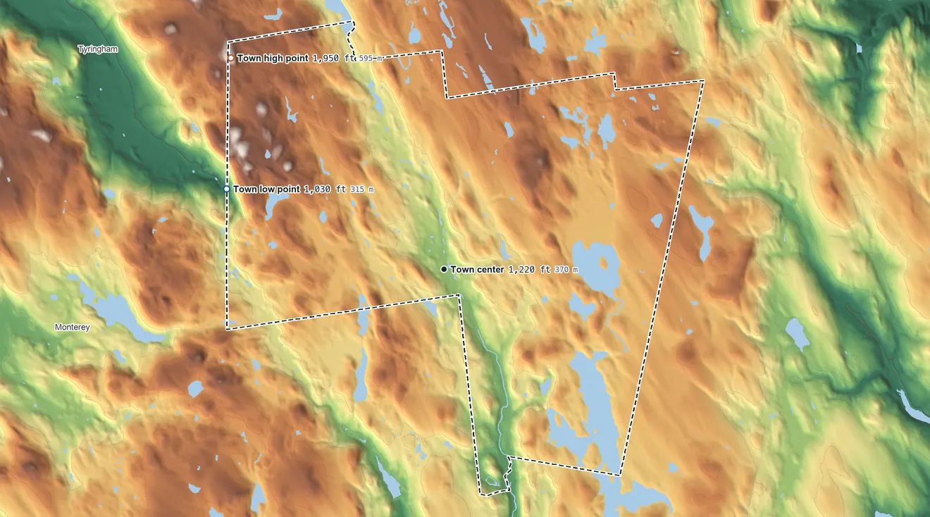 Topographic elevation map of Otis, Massachusetts, shaded from 1,030 ft on the west side to 1,950 ft on Dorman Mountain